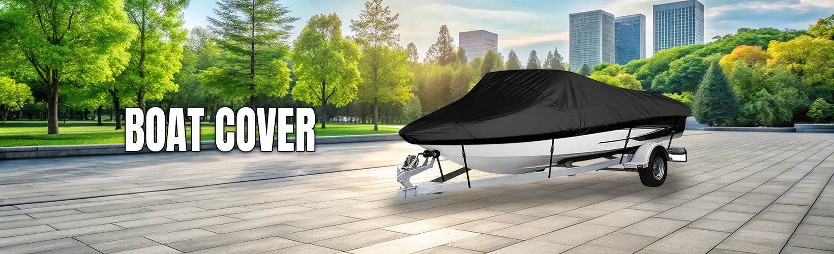 Boat covered with black cover on trailer in park setting, highlighting protection benefits.