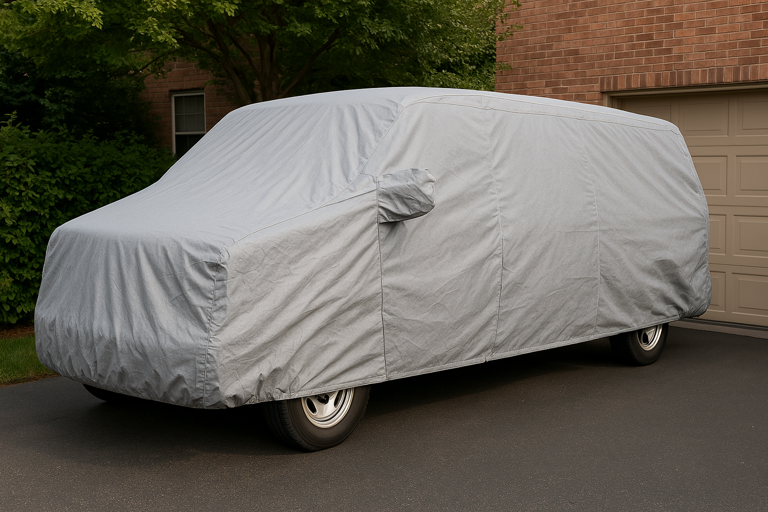 Van covered with UV-resistant, waterproof van cover for protection against dust, rain, and sun.