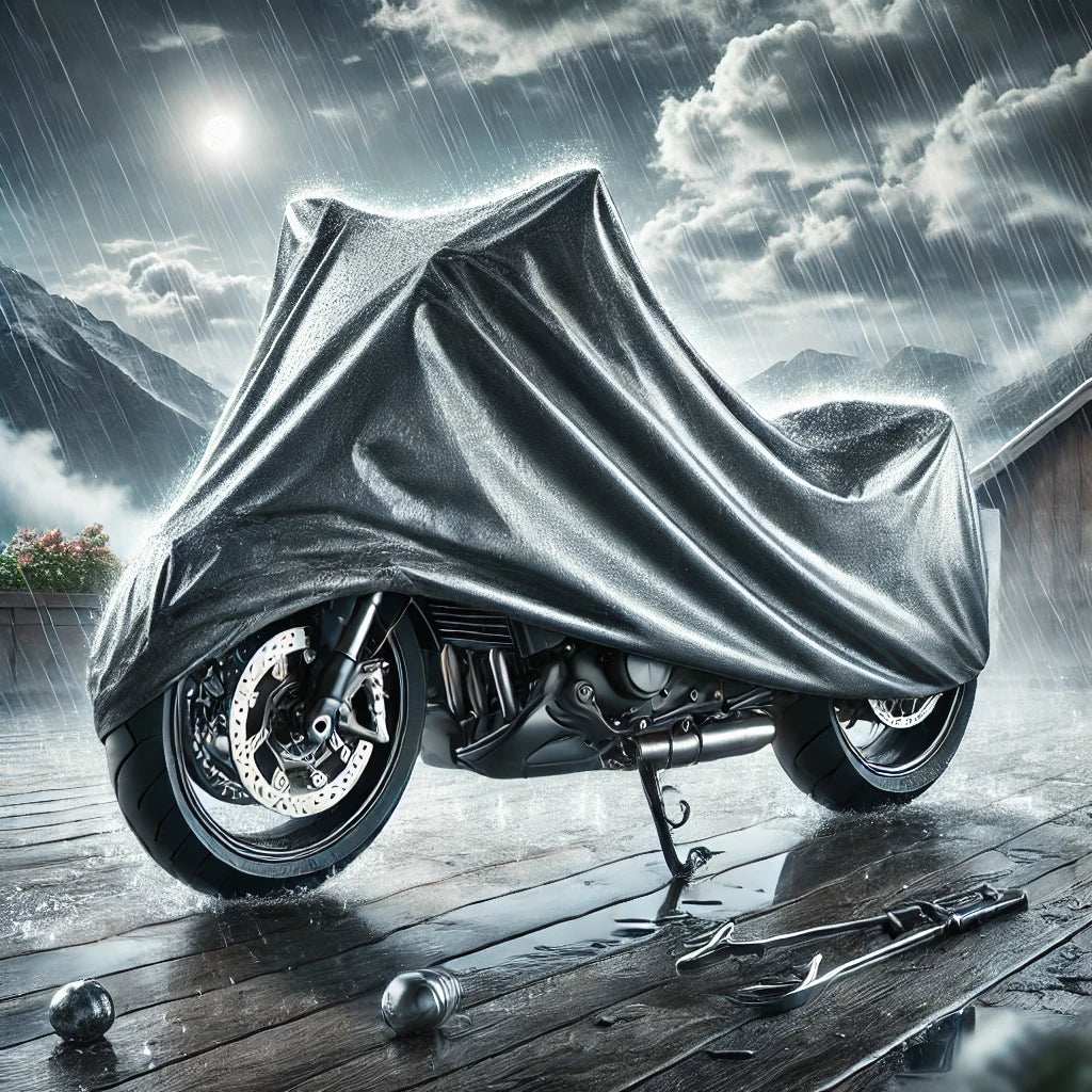 High-quality bike cover protecting a motorcycle from rain, dust, and UV rays by Polco Creations Pvt. Ltd., India.