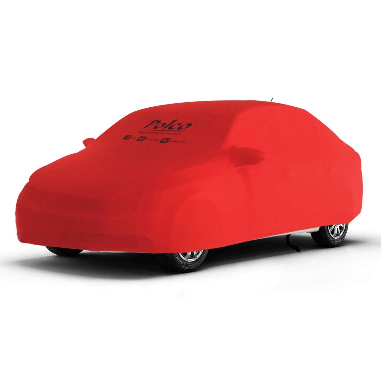 Red premium car cover from Polco protecting a vehicle from dust, UV rays, and weather elements