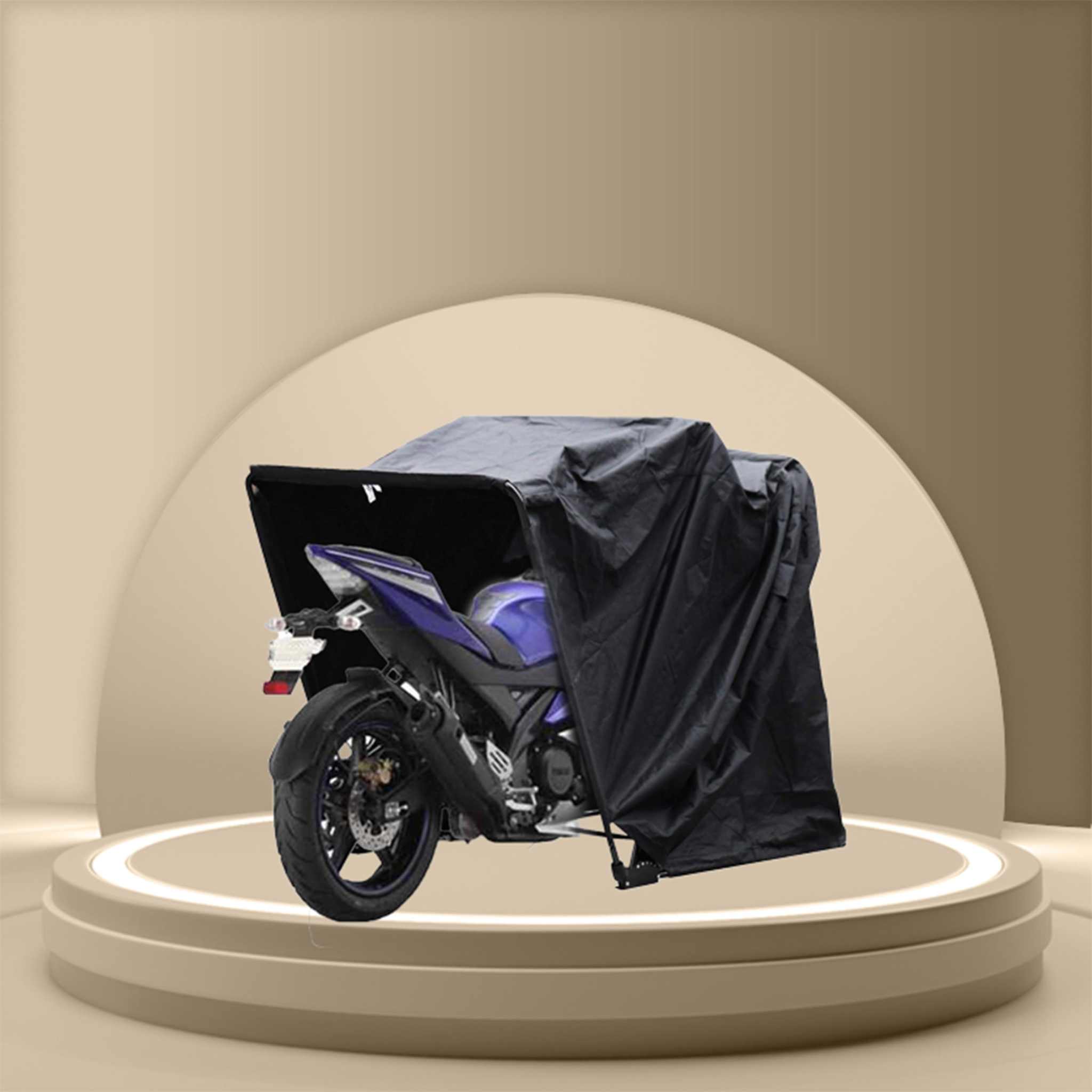 Bike sheltered by a canopy on a platform displaying protection features against weather elements.