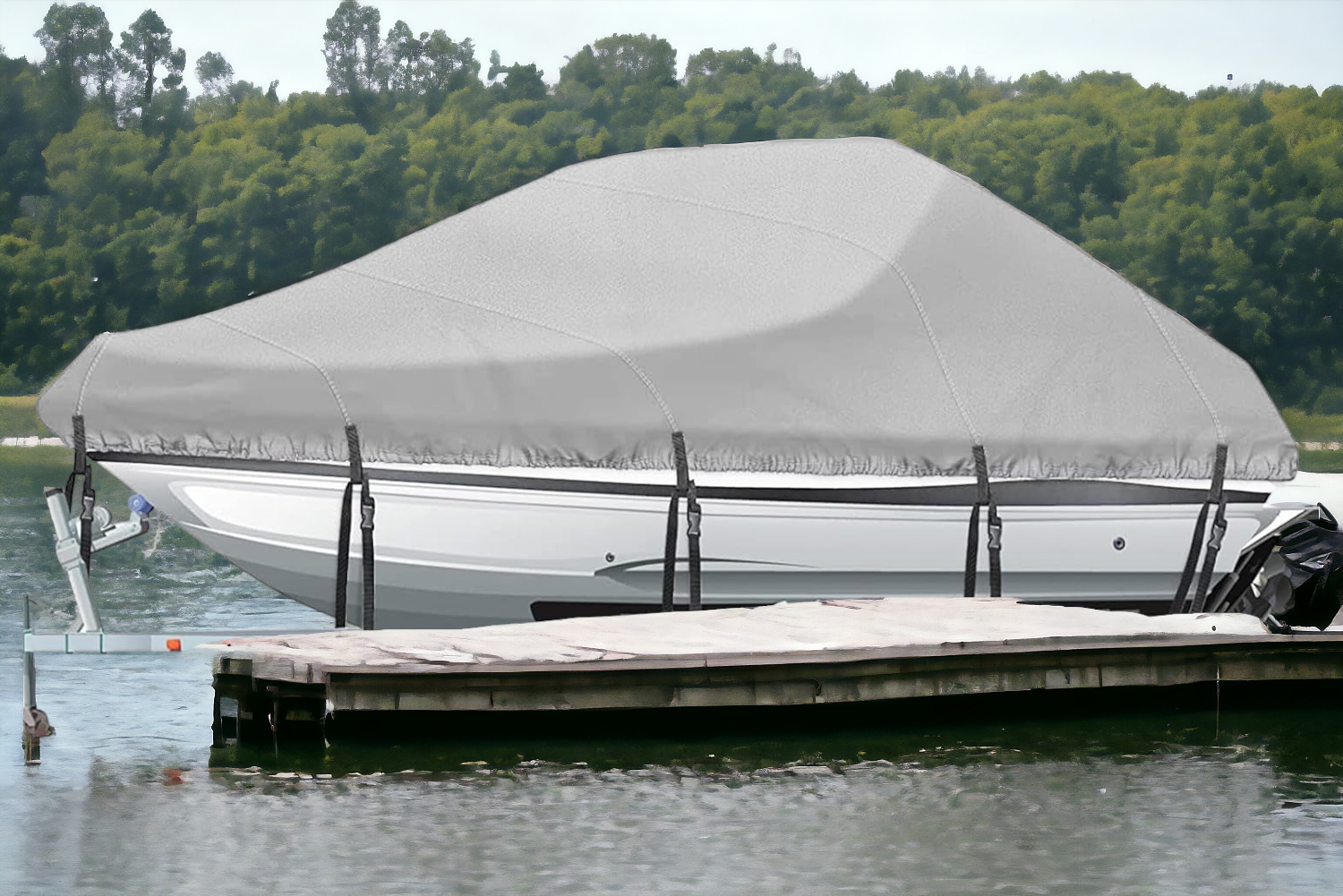 Boat with custom-fit cover by Polco Creations, India, on a serene lake.