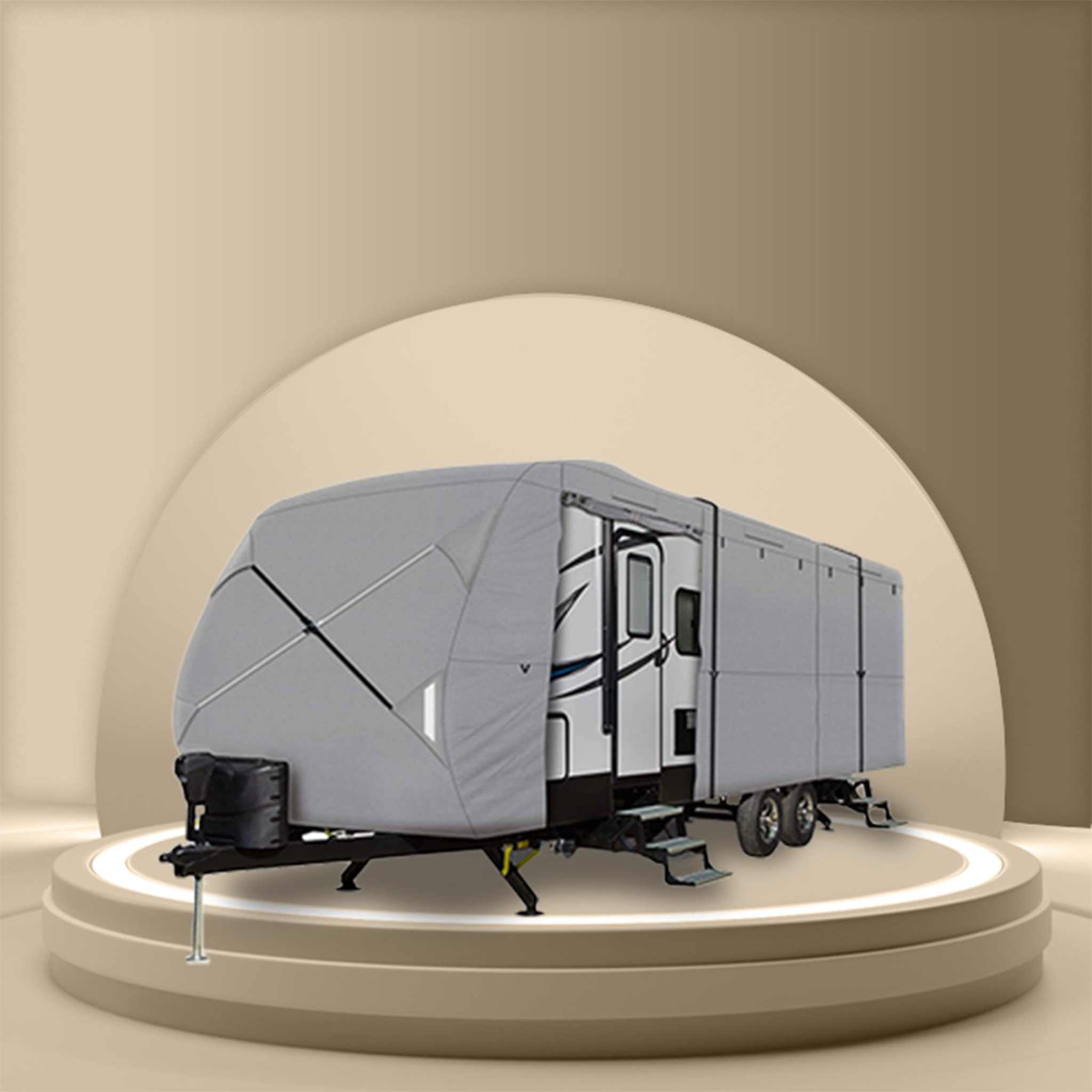 RV and van cover on display stand, showcasing weather protection features.