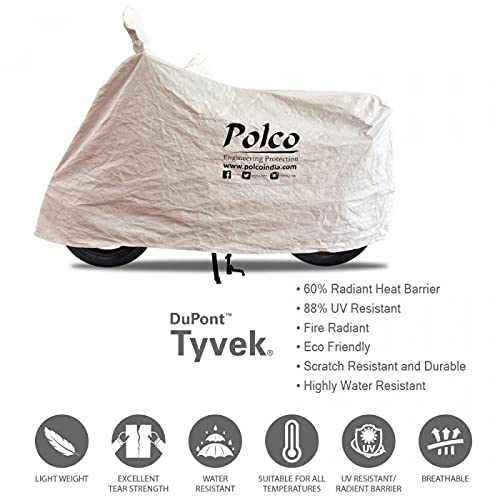 Premium bike cover for TVS Radeon by Polco, made with Dupont Tyvek fabric, showcasing dustproof, UV-resistant, breathable, and water-resistant features.