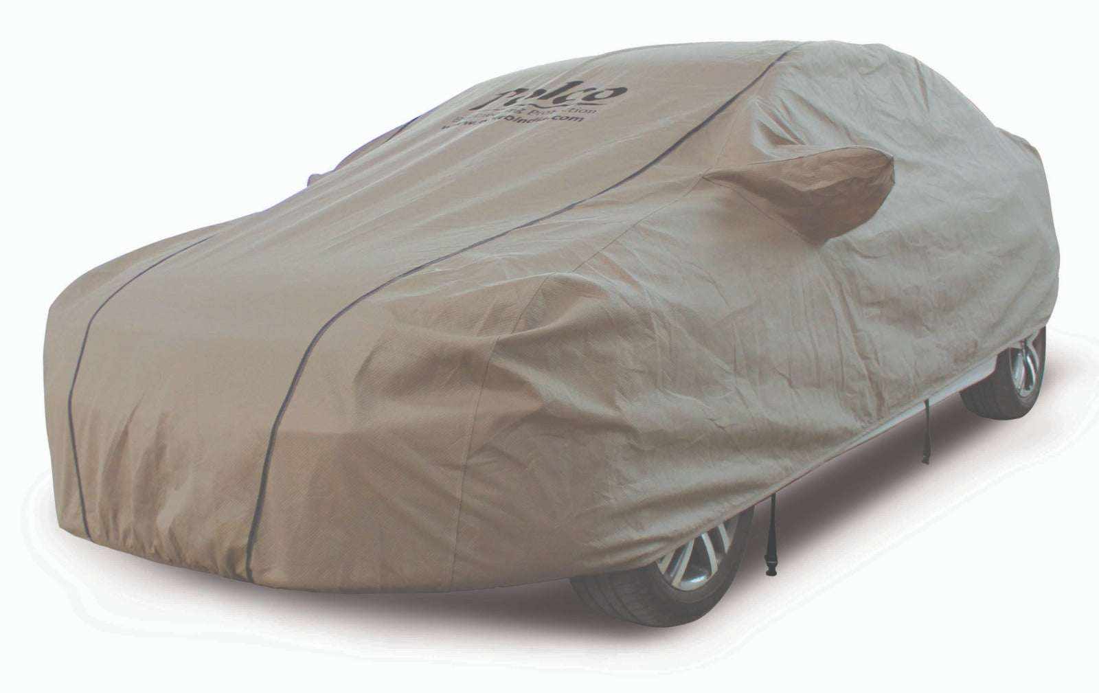 Water-resistant UV-resistant Kia Seltos car cover with mirror and antenna pockets, elastic corners, center belt, by Polco.
