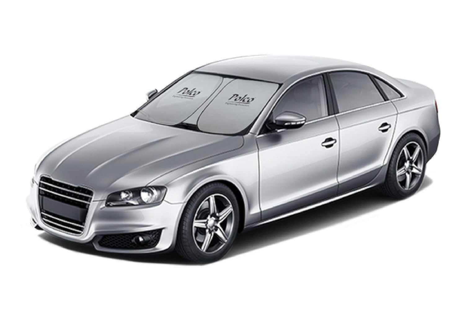 Polco Car Front Sun Blind on compact car, blocks UV and heat, innovative fit.