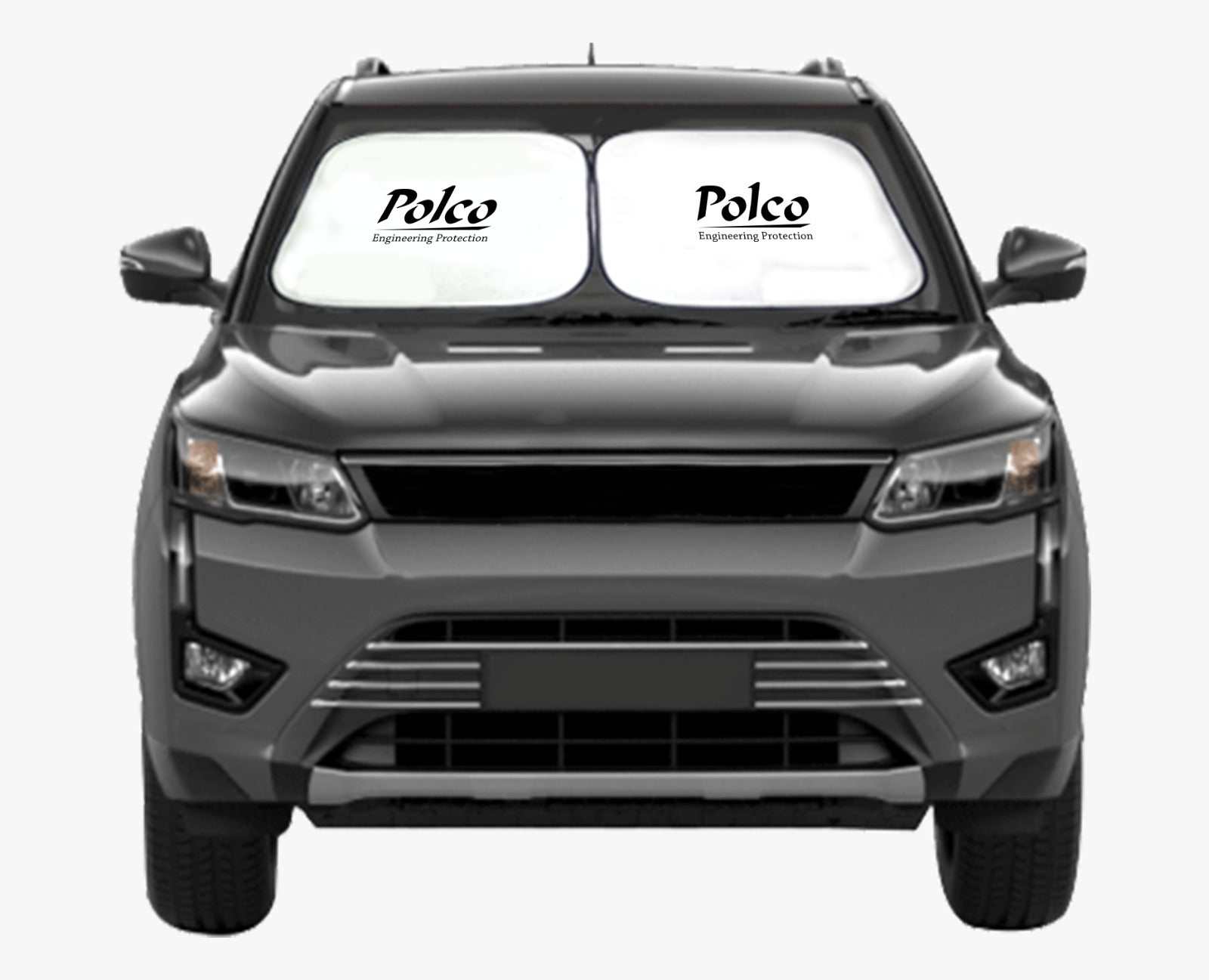 Polco car front sun blind on vehicle windshield, DuPont Tyvek fabric, UV and heat protection.