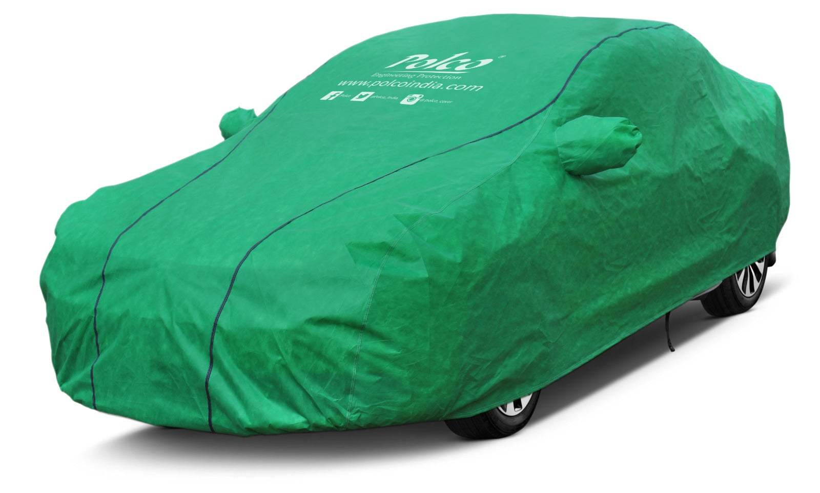 Premium Mahindra Bolero Neo car cover by Polco, green, with mirror and antenna pockets, elastic corners, and storage bag.