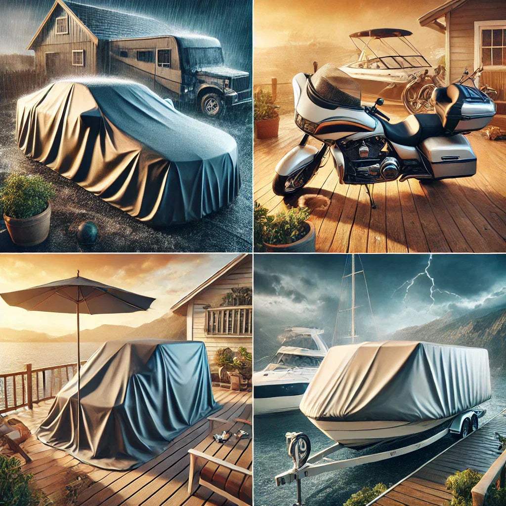 Collage of protective covers shielding a car, motorcycle, outdoor furniture, and boat from weather damage.