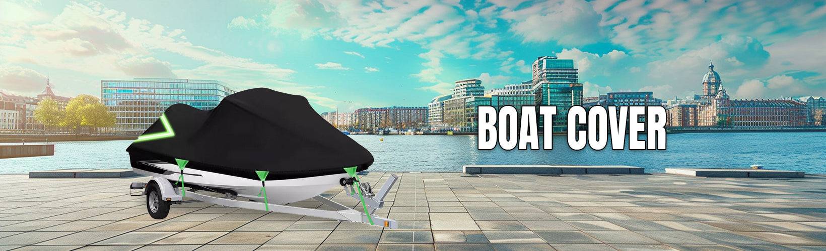 Jet ski cover by Polco Creations in an urban waterfront setting.
