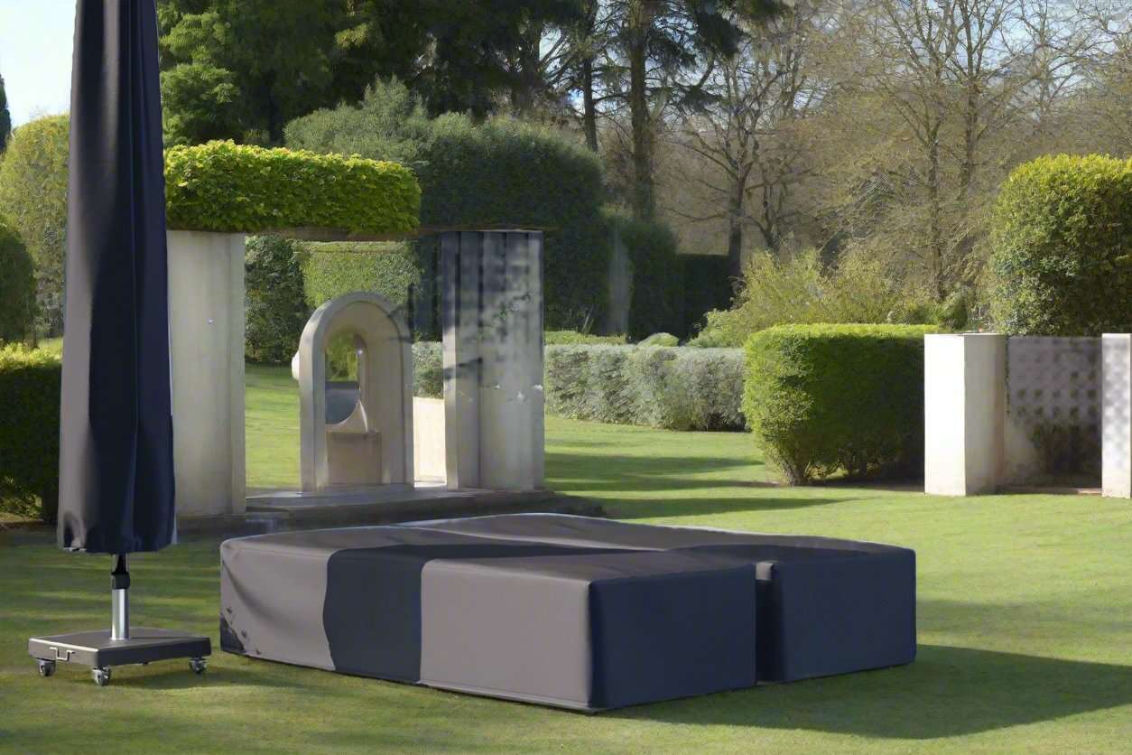 Polco Heat and UV Proof Outdoor Furniture cover providing all-weather protection in a garden setting.