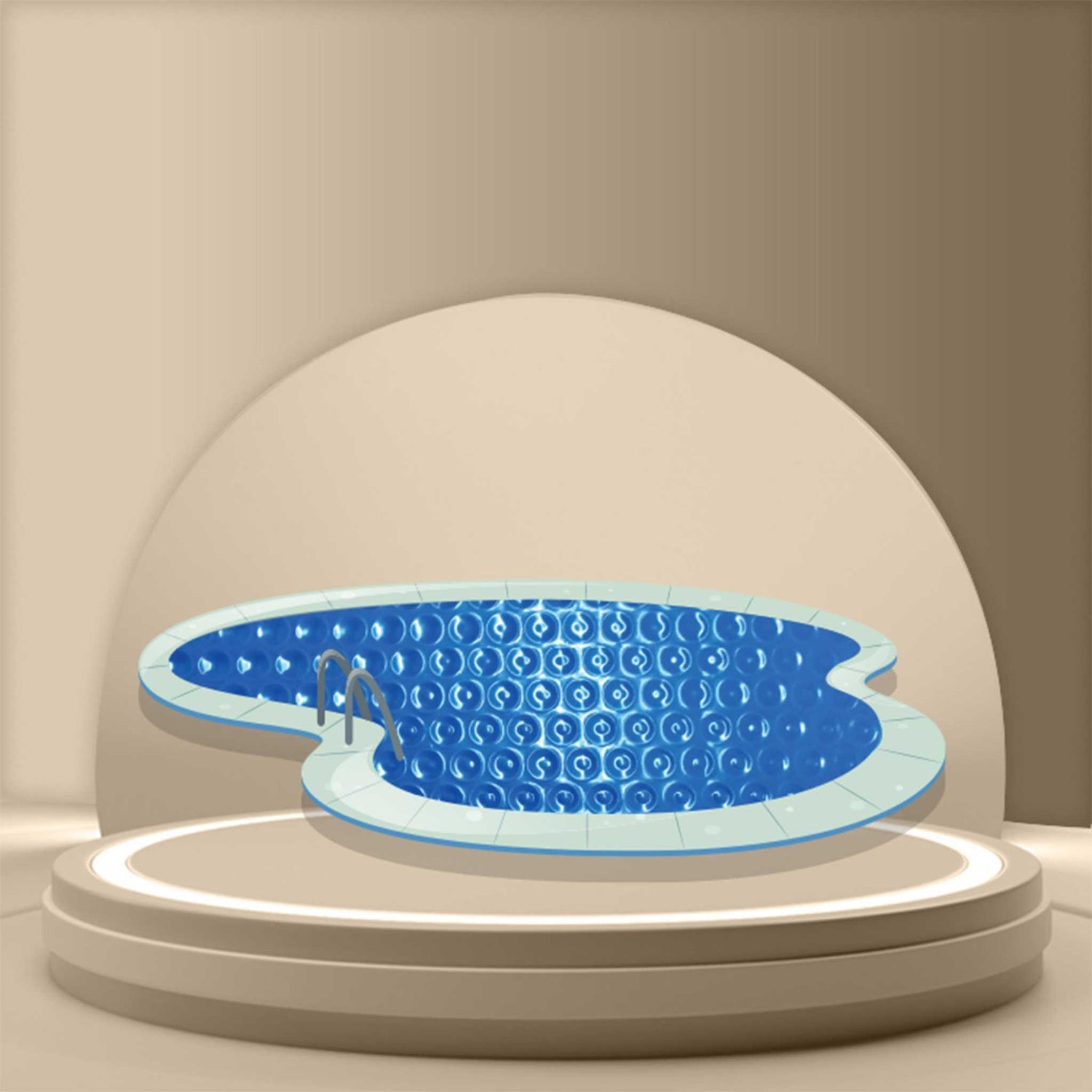 Modern swimming pool covered with blue bubble-style swimming pool cover on beige round pedestal against arch background