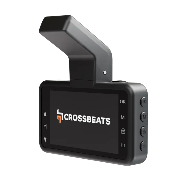 Crossbeat roadeye DC01 dash camera with wide-angle lens, shown on a angled view with screen and buttons.