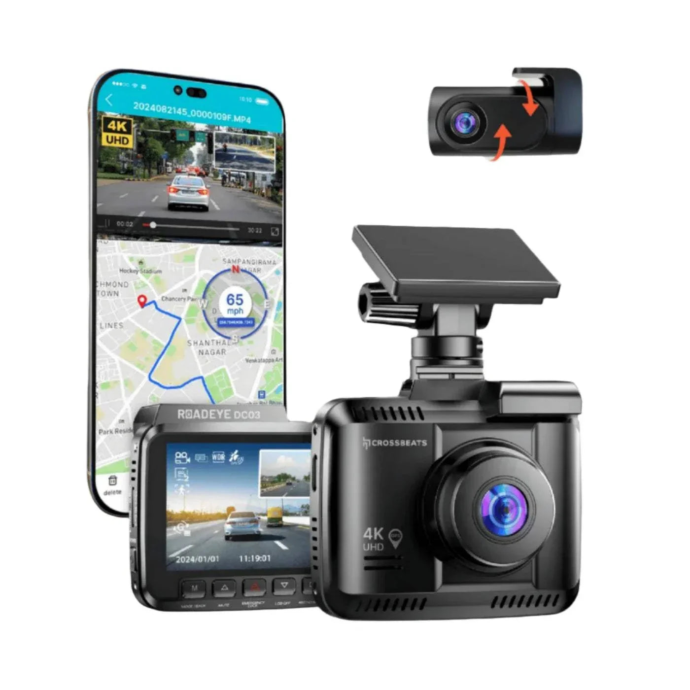 Crossbeat Roadeye DC03 4K Dash Cam with smartphone connectivity and rear camera.