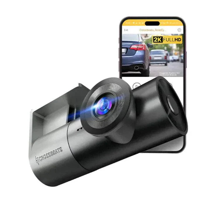 Crossbeat Roadeye Neo dash camera with mobile app display, featuring 360° adjustable frame and Full HD recording.