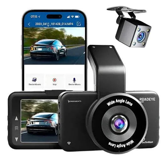 Crossbeat Roadeye DC02 dash camera with FHD 1080P and wide-angle lens displayed alongside smartphone app interface.