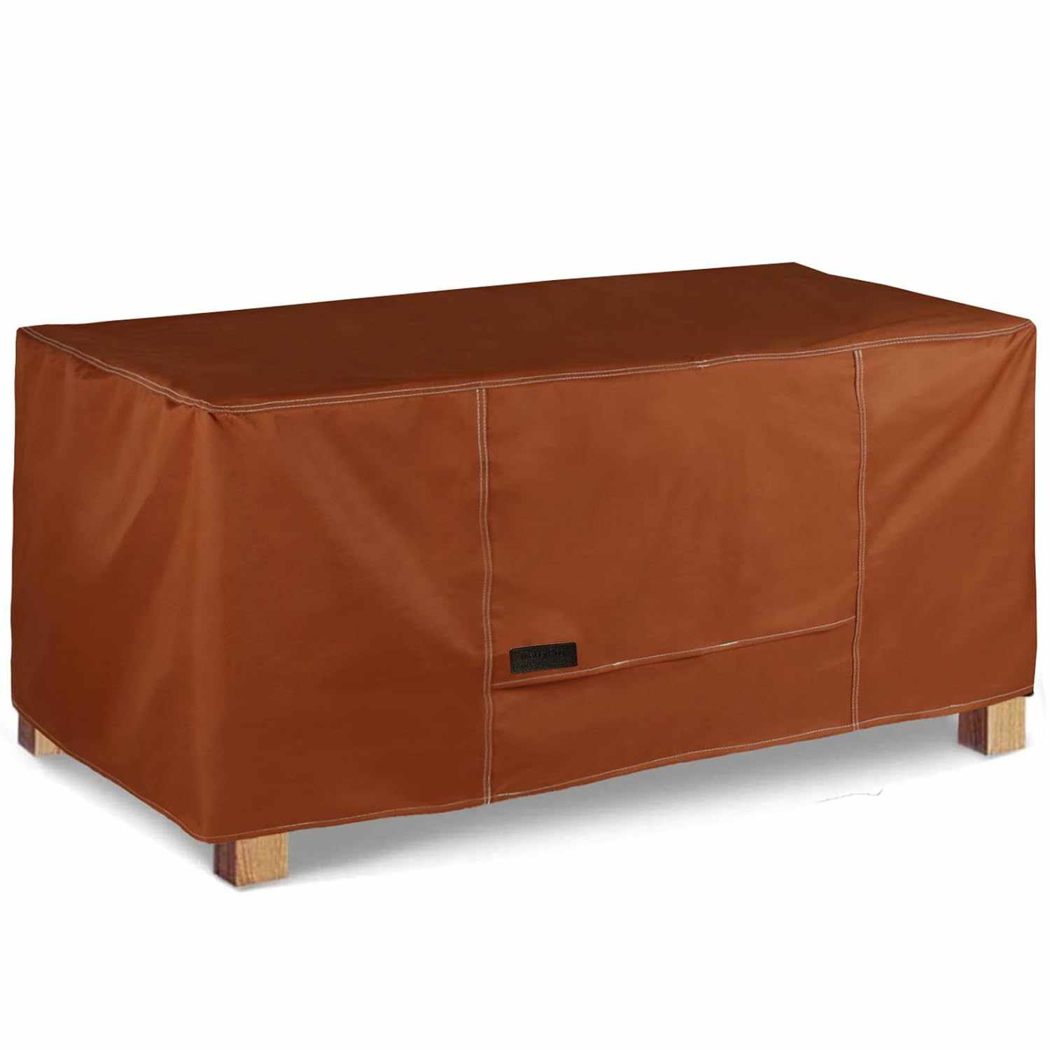 Water-resistant outdoor table cover in cream/brown with UV protection, air vents, and fastening clips for rectangular tables.